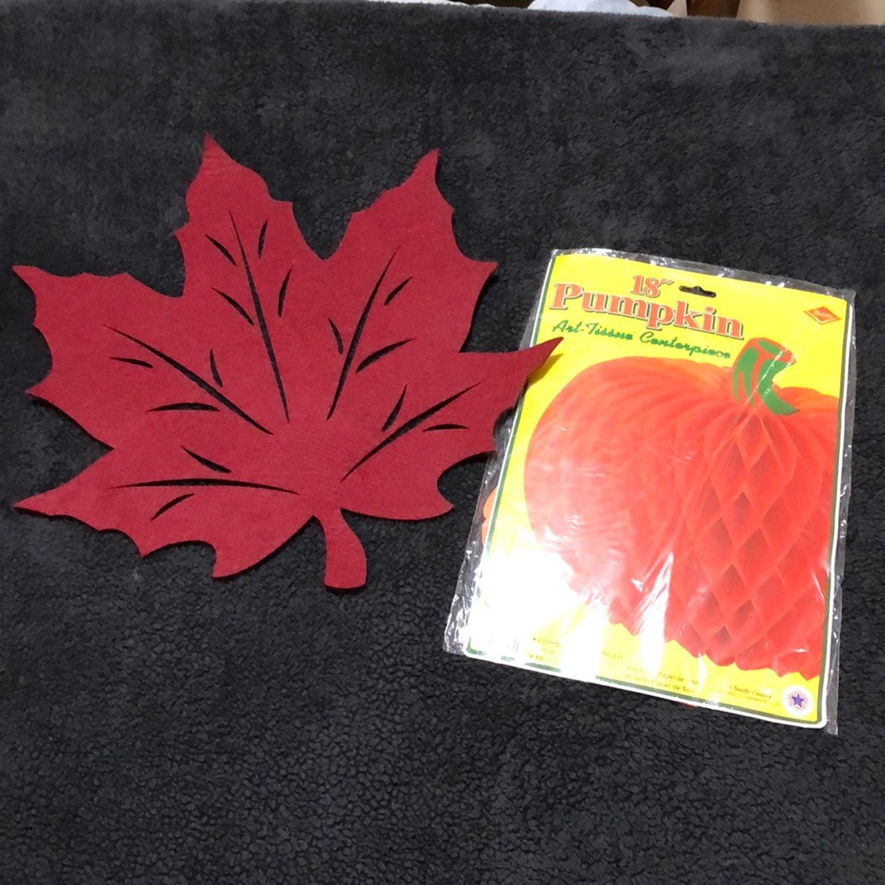2 FALL DECORATIONS: Large Felt Maple Leaf & Fold-Out Tissue Pumpkin Centerpiece